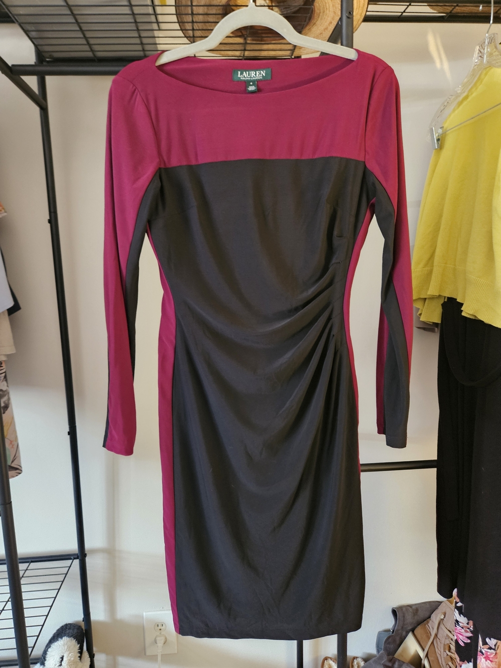 Ralph Lauren Two-Tone Magenta and Black Long-Sleeve Sheath Dress